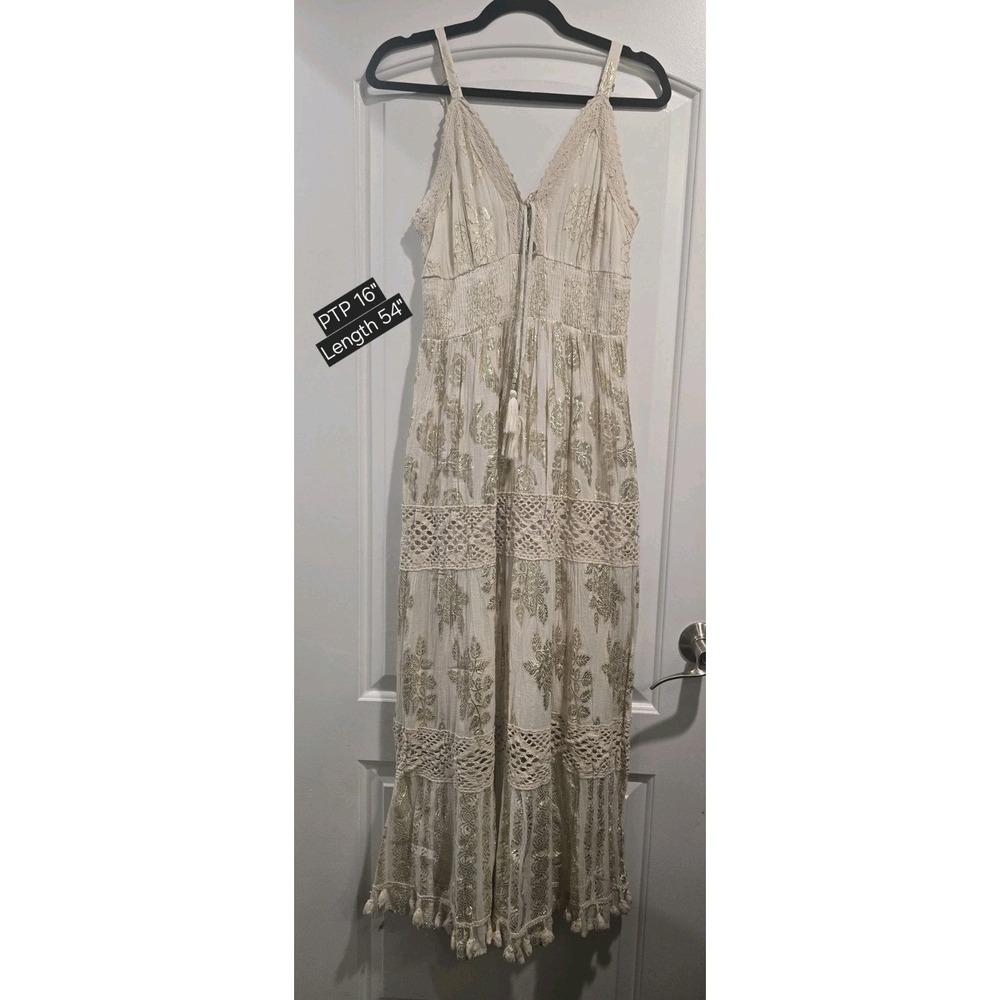 NWT‎ Me 2 Magic Ivory Gold Maxi Dress Crochet, Metallic Thread, Size Large